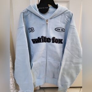 White Fox Zip Front Hoodie Baby Blue Oversized Fit  S/M